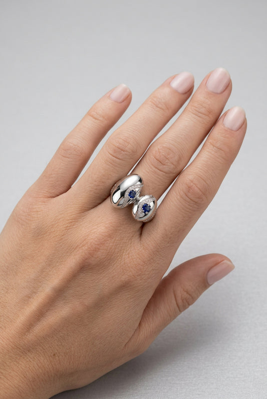 Anello ONDA in argento 925 con file sinuose di zirconi bianchi