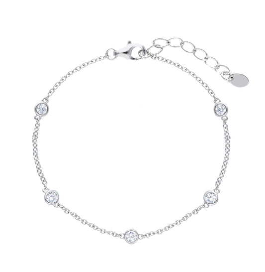 Bracciale LUCE in argento 925, lungo 17 + 3 cm, con catenina sottile e piccoli zirconi bianchi distanziati.