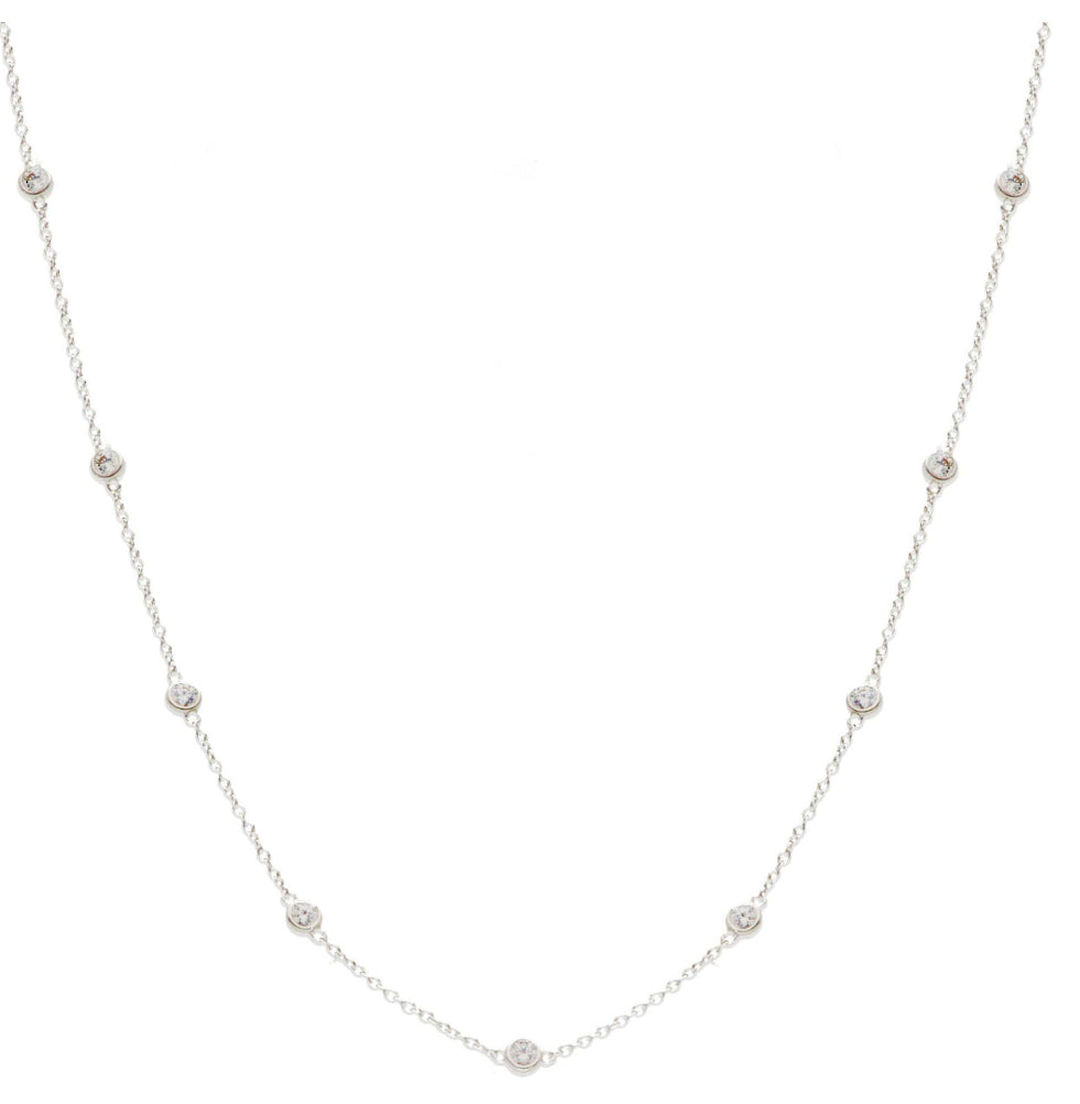 Collana LUCE Lunga 90 cm in argento 925, con catenina sottile e piccoli zirconi bianchi distanziati, indossabile a doppio giro.
